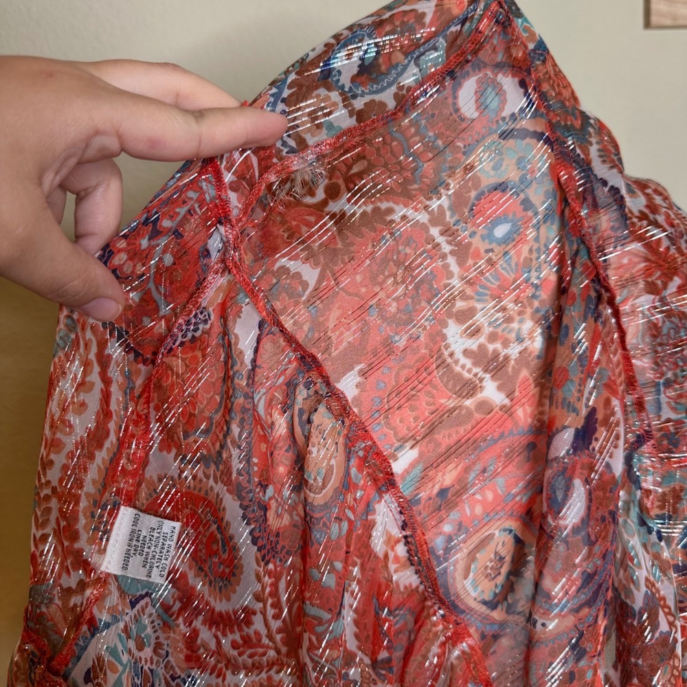 By Anthropologie Paisley Maxi Kimono Duster Metallic Sheer Red Blue One Size - Picture 9 of 9